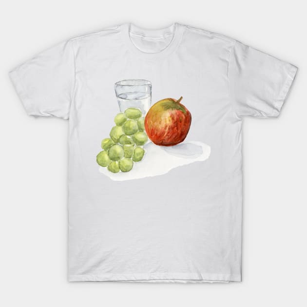 Red Apple, Green Grapes Painting Watercolor Glass of Water, Still life Painting, Art Kitchen Wall Art T-Shirt by EugeniaAlvarez